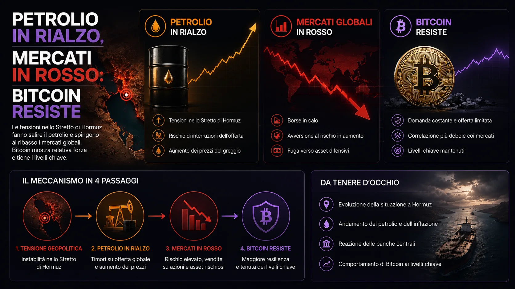 Infografica relativa a Petrolio in rialzo, mercati in rosso: Bitcoin resiste