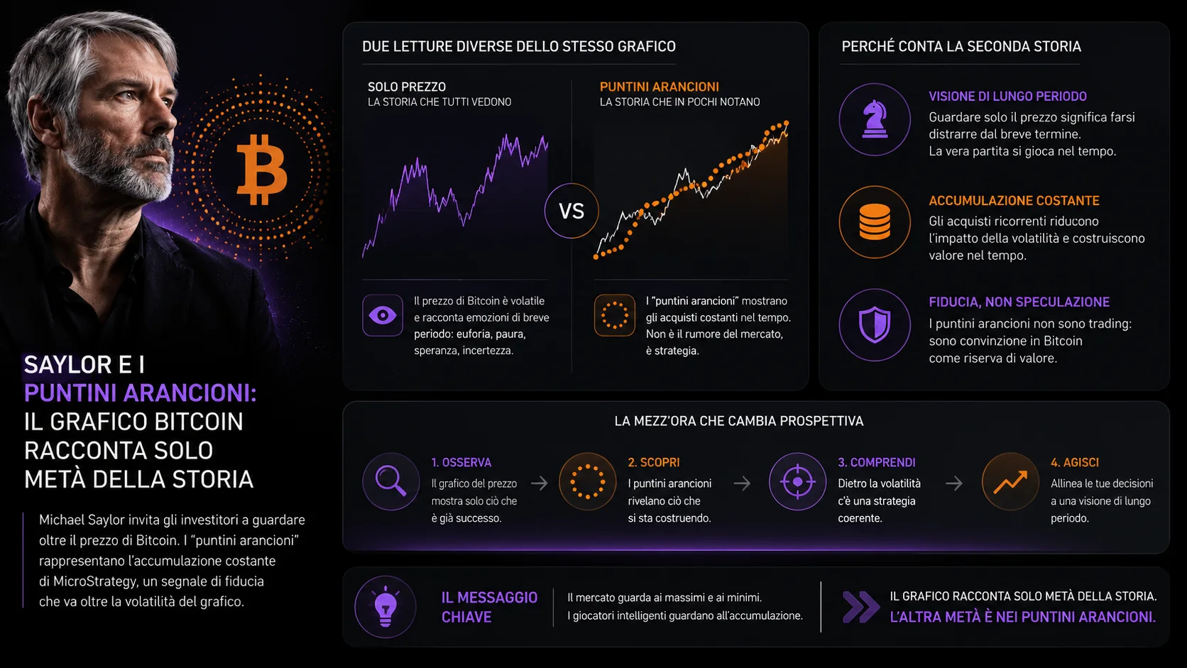 Infografica relativa a Saylor e i puntini arancioni: il grafico Bitcoin racconta solo metà della storia