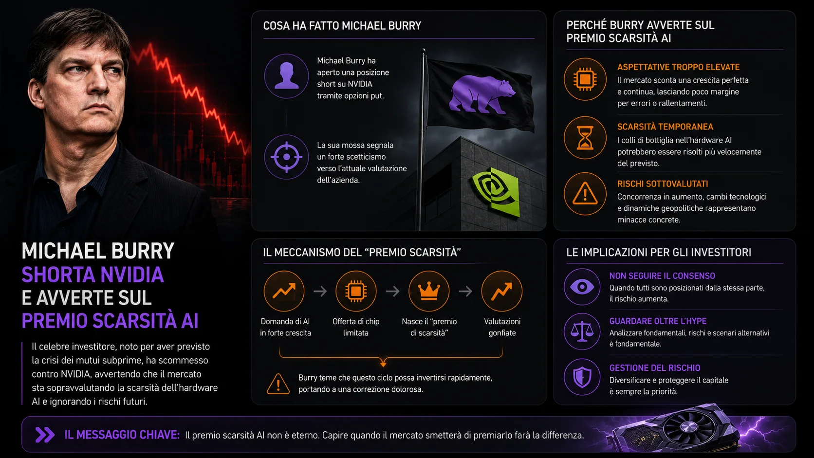 Infografica relativa a Michael Burry shorta NVIDIA e avverte sul premio scarsità AI