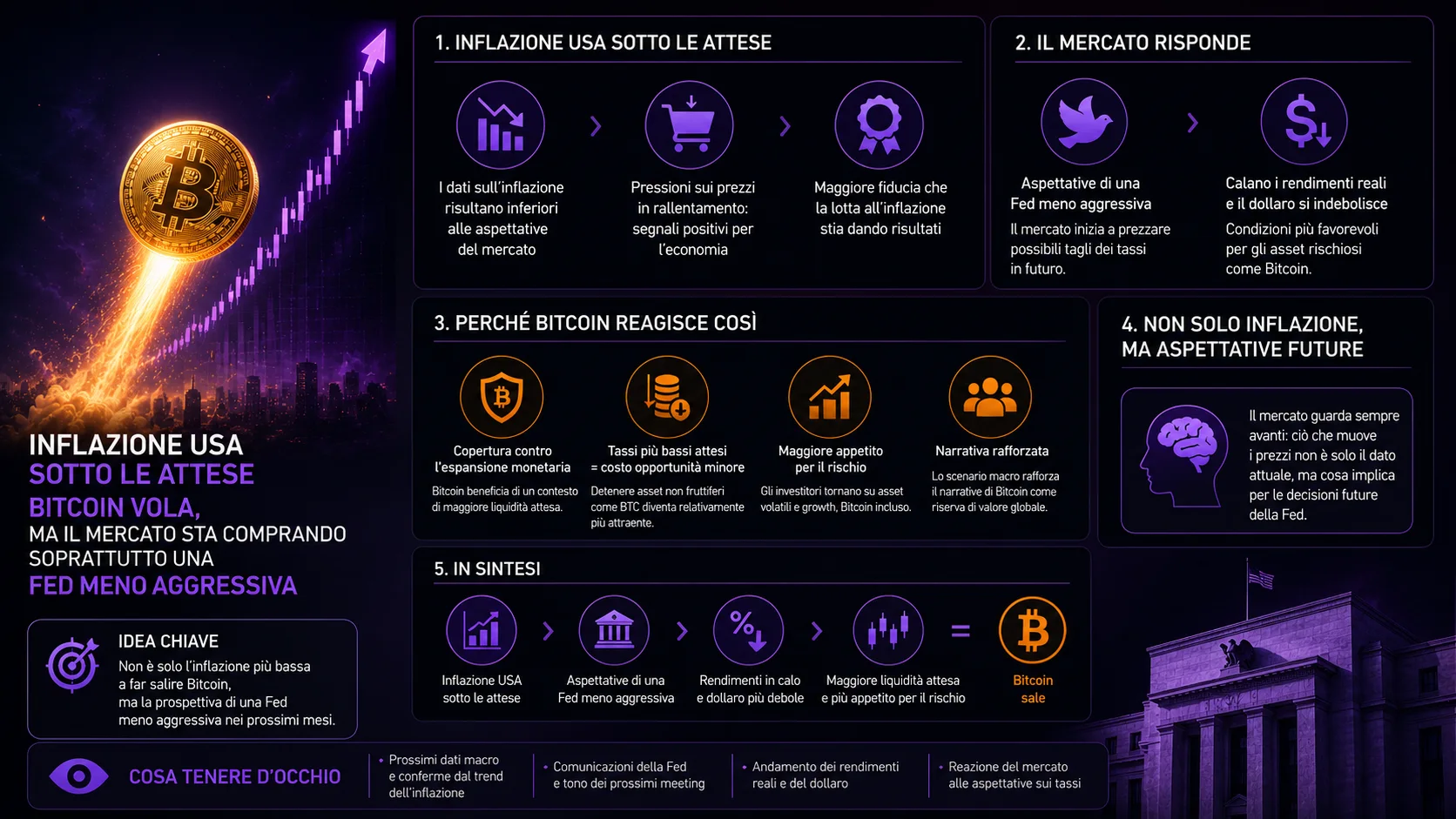 Infografica relativa a Inflazione USA sotto le attese: Bitcoin vola, ma il mercato sta comprando soprattutto una Fed meno aggressiva