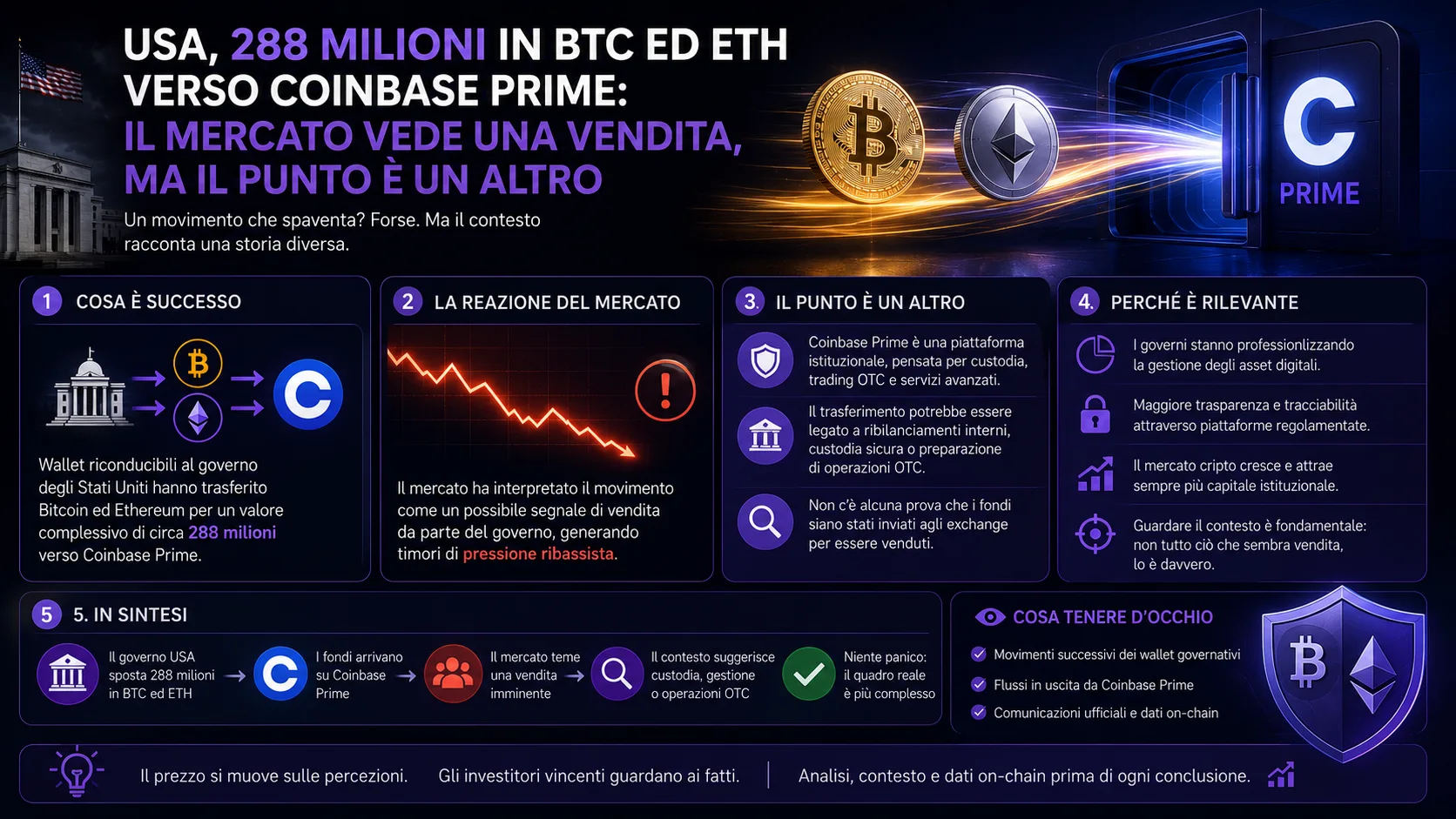 Infografica relativa a USA, 288 milioni in Bitcoin ed Ethereum verso Coinbase Prime: il mercato vede una vendita, ma il punto è un altro